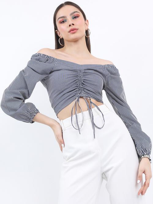 navy blue stripes crop top - 21376485 - Standard Image - 0