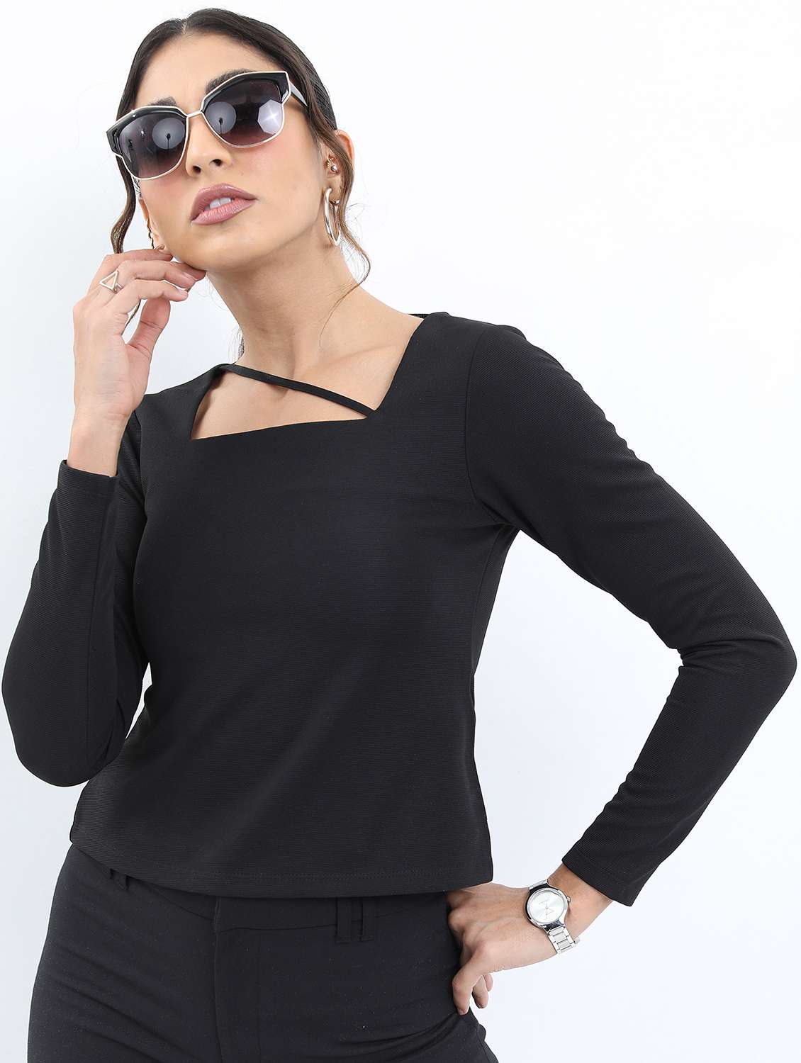 women black cotton blend regular top