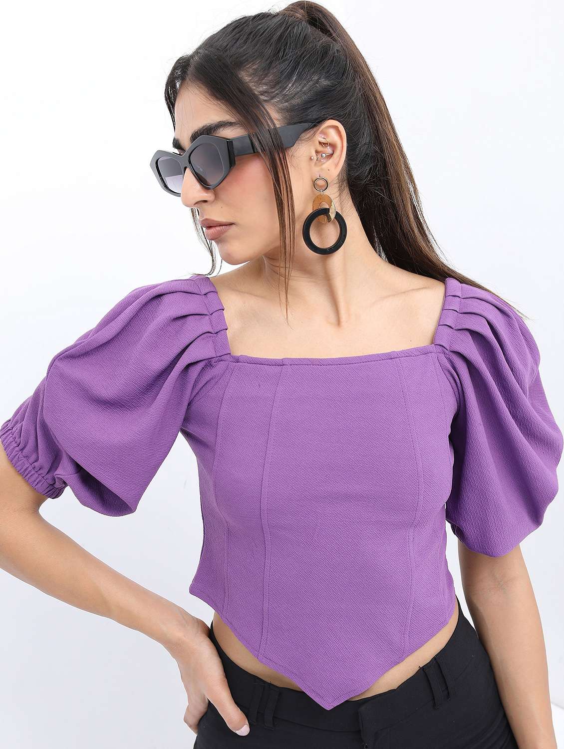 women purple cotton blend crop top
