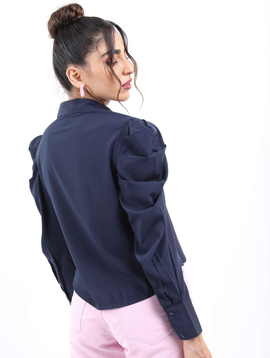 navy blue solid shirt top - 21376505 - Standard Image - 3