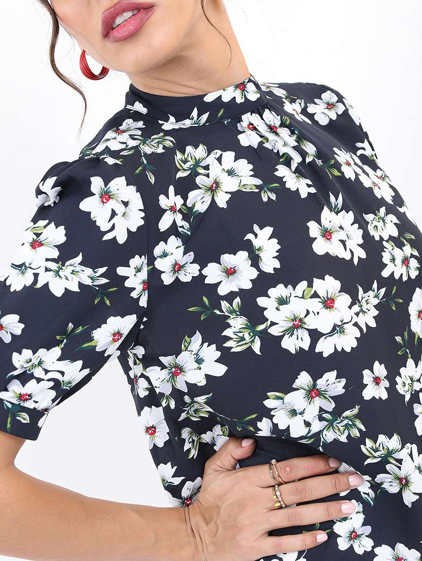 women navy blue cotton blend regular top - 21376509 - Standard Image - 5