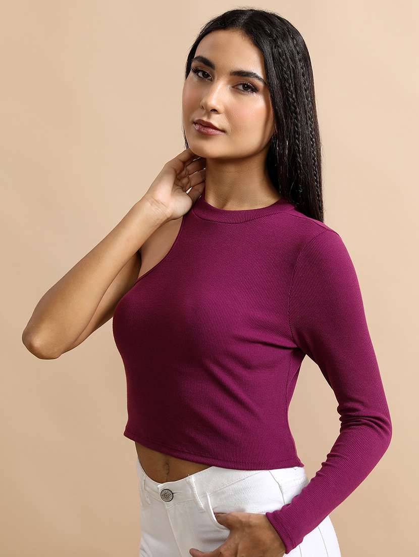 women purple cotton blend crop top