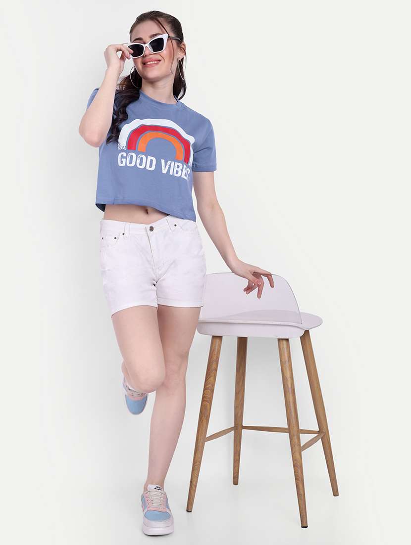 Women Round Neck Front Print Boxy T Shirt