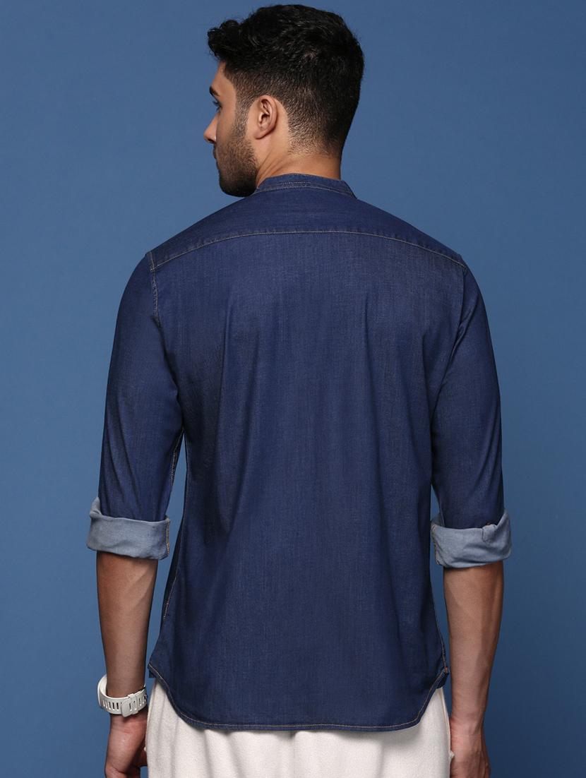 men navy blue regular fit denim casual shirt - 21378777 - Standard Image - 3