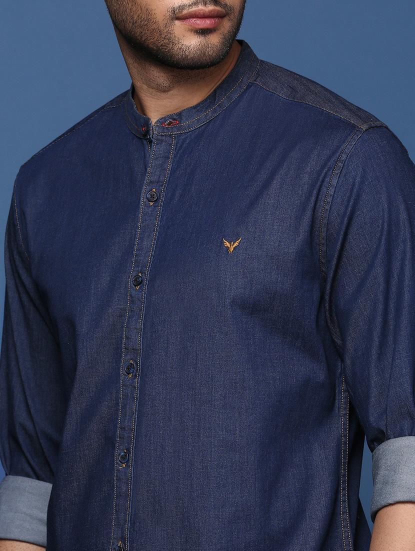 men navy blue regular fit denim casual shirt - 21378777 - Standard Image - 5