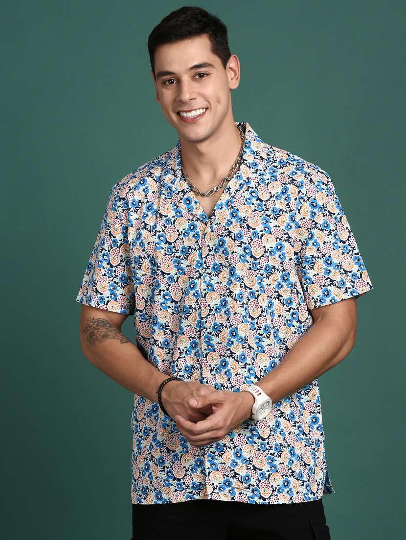 men floral print cotton casual shirt