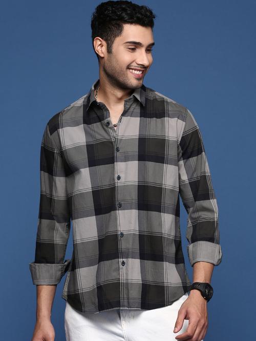 grey checkered cotton casual shirt - 21378810 - Standard Image - 0
