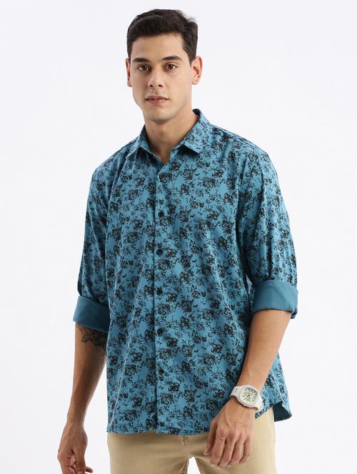 teal floral print cotton casual shirt - 21378896 - Standard Image - 0