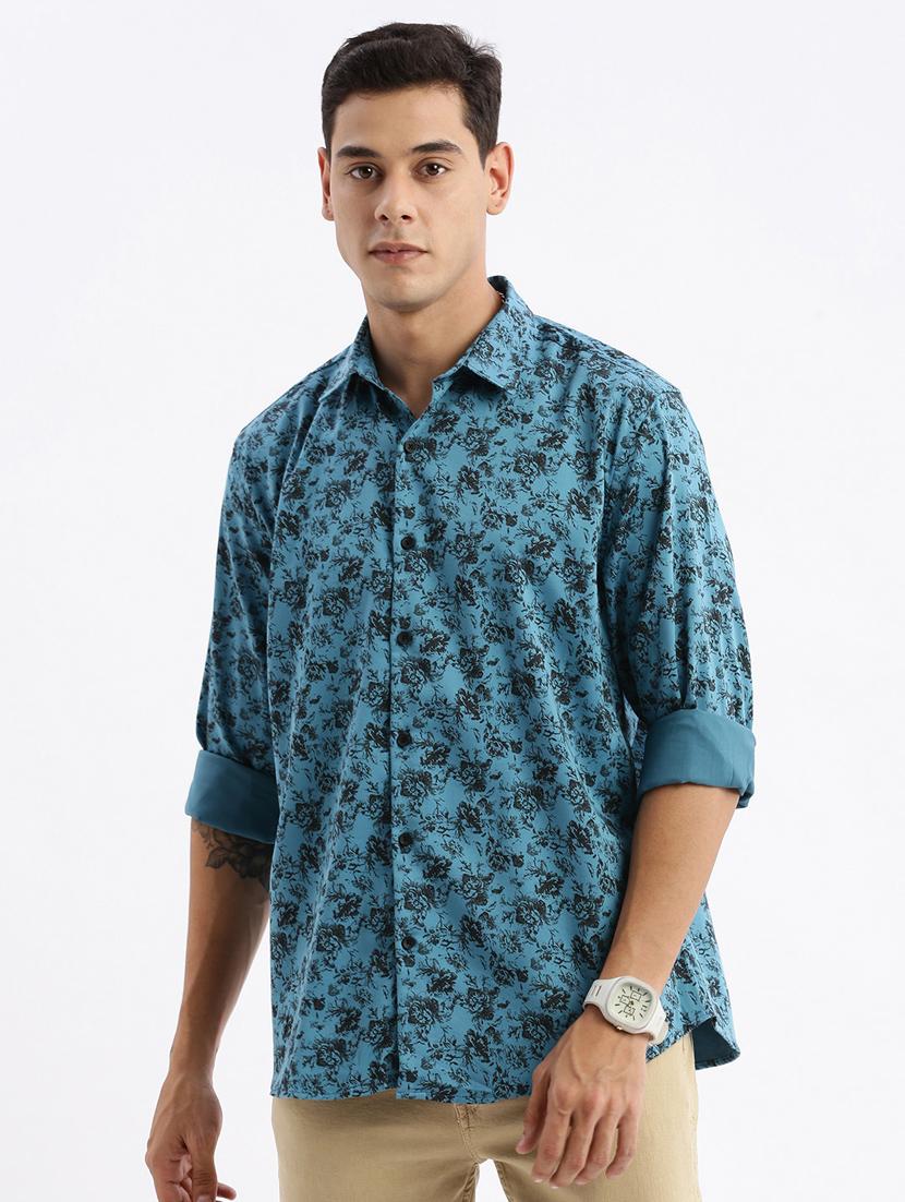 teal floral print cotton casual shirt - 21378896 - Zoom Image - 0