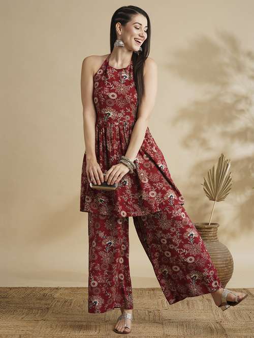 globus women maroon allover floral printed halter tie-up neck smoked tunic & palazzos fusion co-ord set - 21378934 - Standard Image - 0