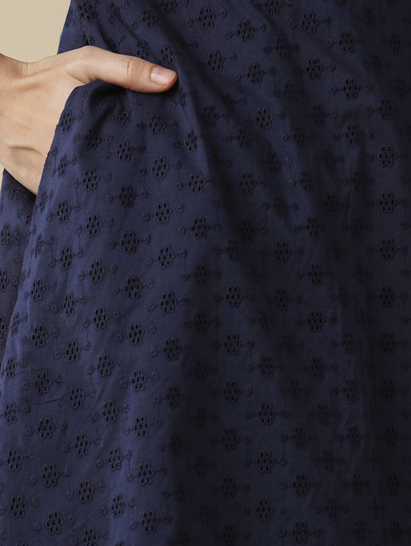 globus women navy blue self-design v-neck puff slevee flared hem ethnic dress - 21378935 -  Standard Image - 5