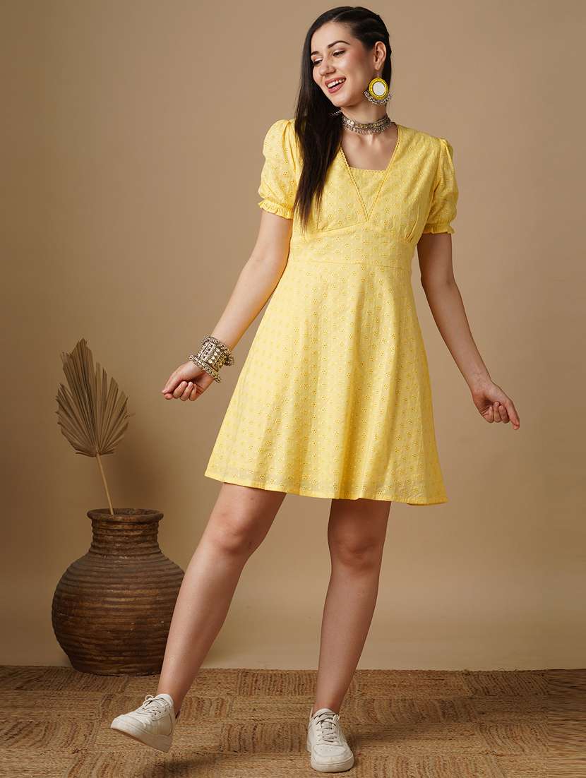 globus women yellow blue self-design v-neck puff sleeves flared hem a-line ethnic dress - 21378943 -  Standard Image - 3