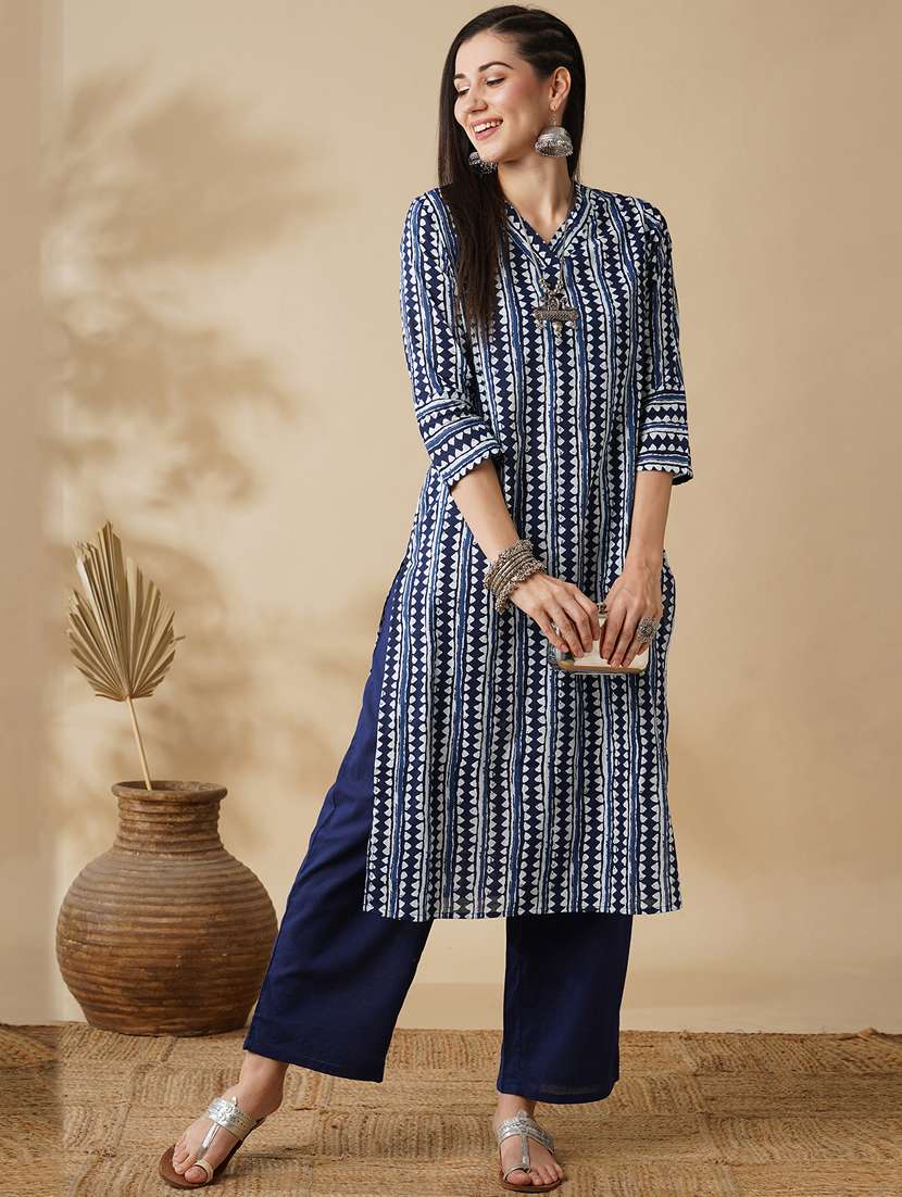 globus women blue allover geometric stripe printed straight workwear kurta & trouser set - 21378947 -  Zoom Image - 0