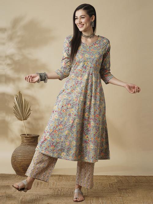 globus women green allover floral printed panelled a-line workwear kurta & printed trouser set - 21378952 - Standard Image - 0