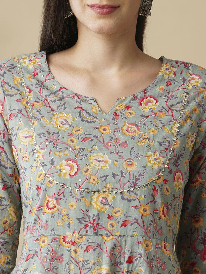globus women green allover floral printed panelled a-line workwear kurta & printed trouser set - 21378952 - Standard Image - 3