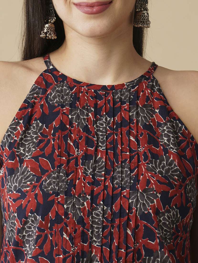 globus women blue floral printed halter neck flared hem a-line workwear kurta & trouser set - 21378956 -  Standard Image - 3