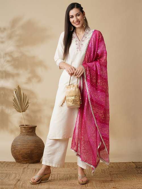 globus women off white embroidered v-neck kurta with pants & bandhani dupatta festive set - 21378960 -  Standard Image - 0