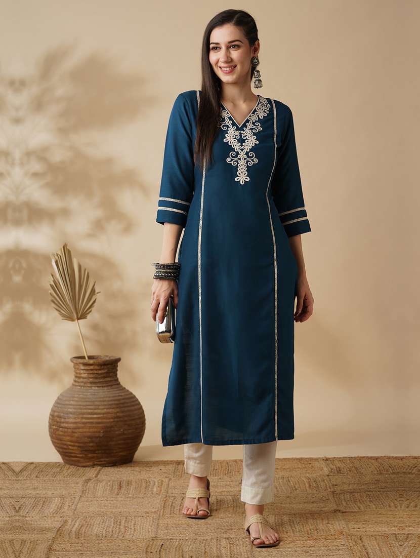 globus women blue v-neck embroidered yoke panelled lace insert straight workwear kurta