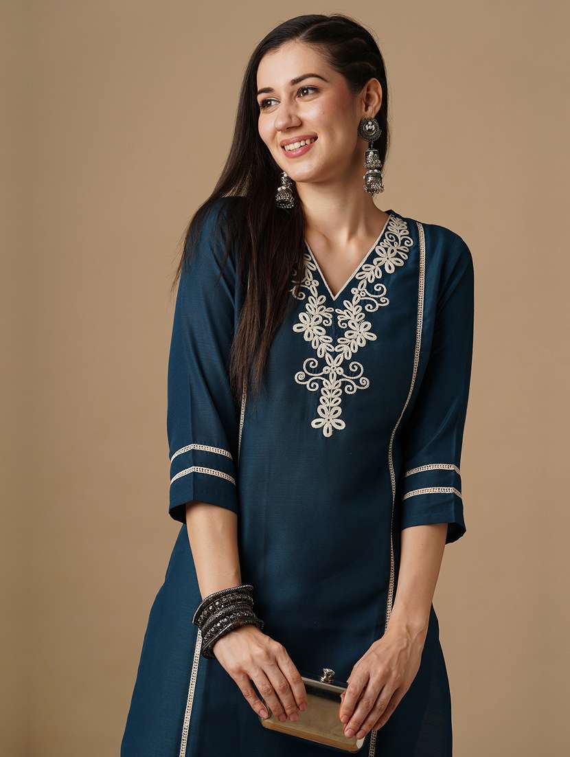 globus women blue v-neck embroidered yoke panelled lace insert straight workwear kurta - 21378964 -  Standard Image - 3