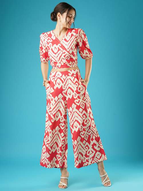 globus women red abstract print wrap tie-back top & palazzos co-ord set