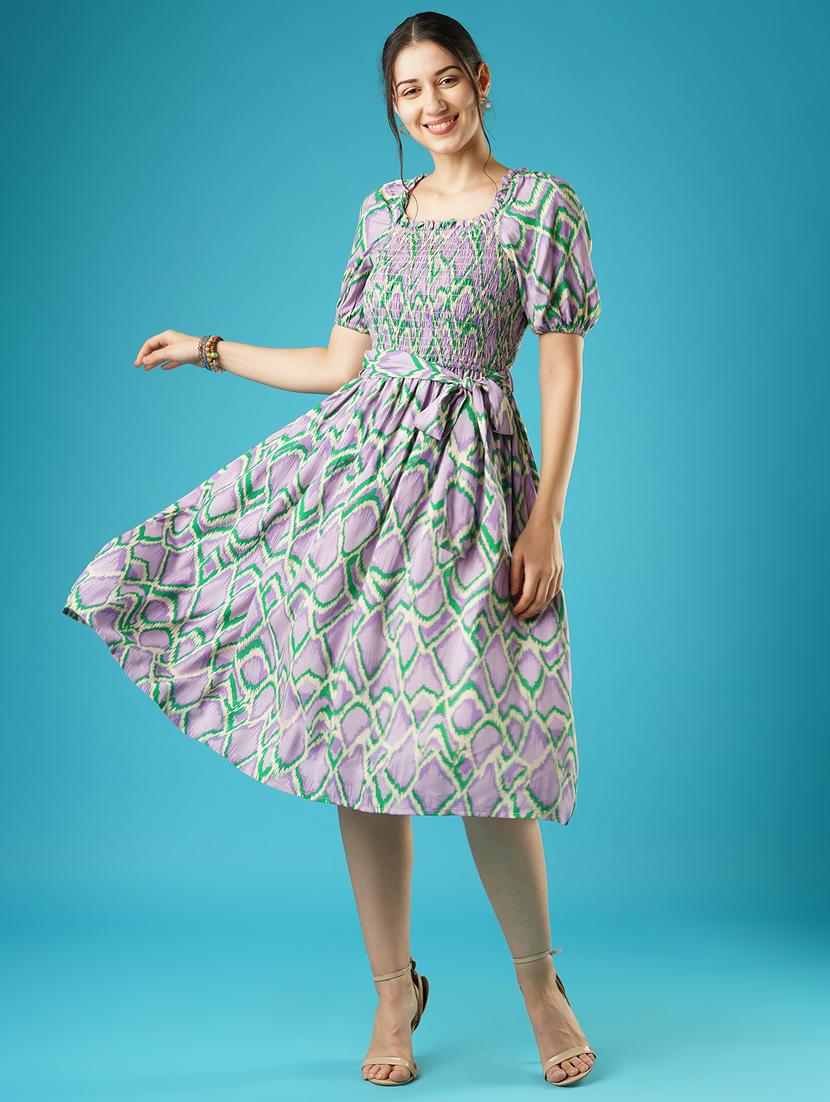 globus women lavender abstract print puff sleeves smocked pleated fit & flare midi dress with belt - 21378971 - Zoom Image - 0