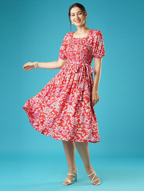 globus women red floral print square neck puff sleeves smocked pleated fit & flare belted midi dress - 21378972 - Standard Image - 0