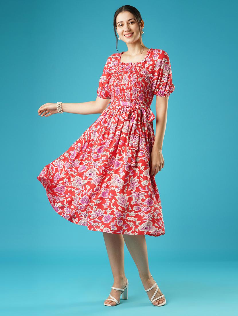 globus women red floral print square neck puff sleeves smocked pleated fit & flare belted midi dress - 21378972 - Zoom Image - 0