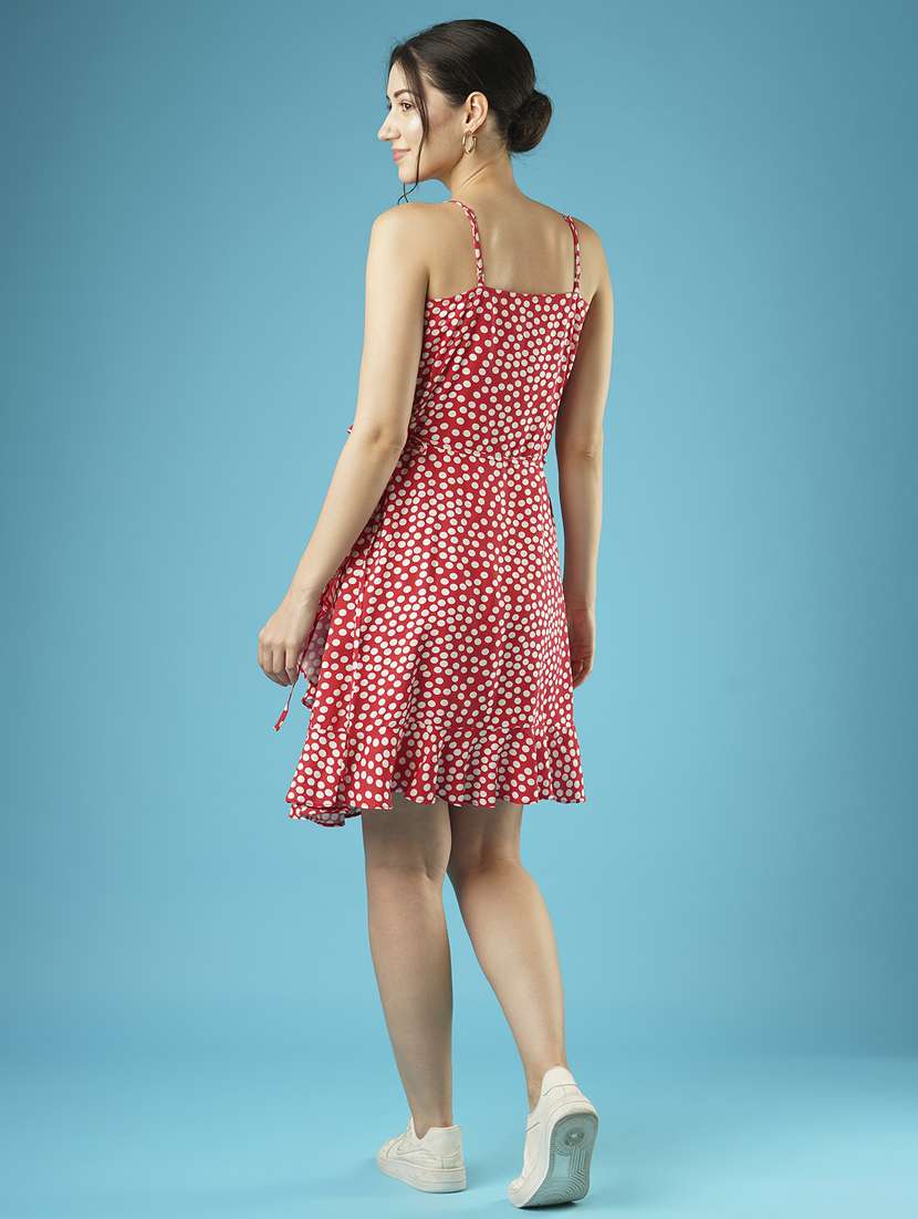 globus women red polka dots frilled wrap-neck strappy shoulder waist tie-up fit & flare dress - 21378973 - Standard Image - 3