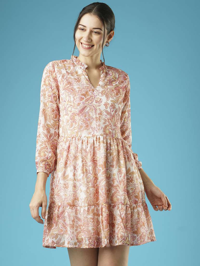 globus women white floral printed frilled mandarin collar with v cut gathered fit & flare dress - 21378977 -  Zoom Image - 0