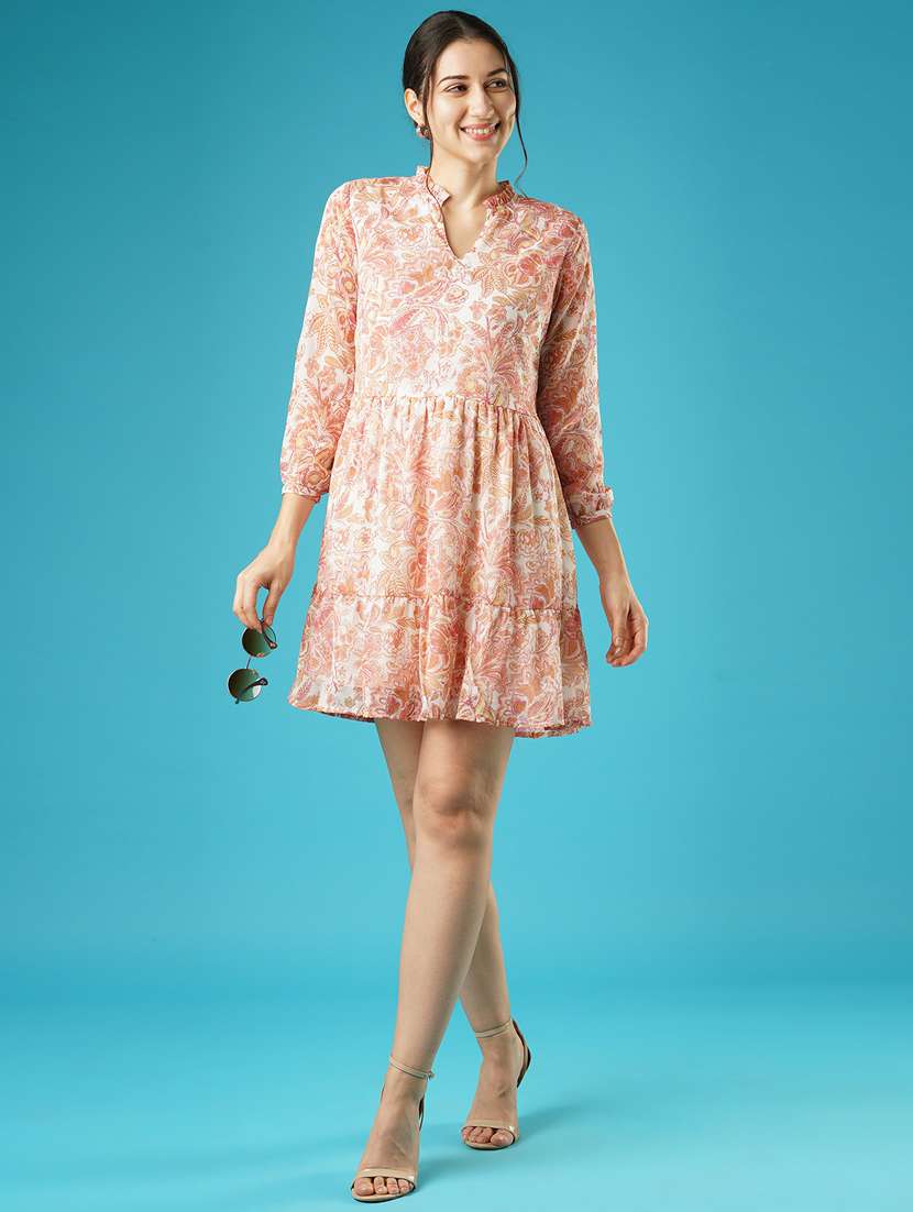 globus women white floral printed frilled mandarin collar with v cut gathered fit & flare dress - 21378977 - Standard Image - 3