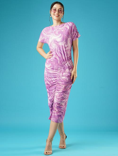 globus women lavender abstract printed round neck short sleeves ruched bodycon midi dress - 21378997 - Standard Image - 0