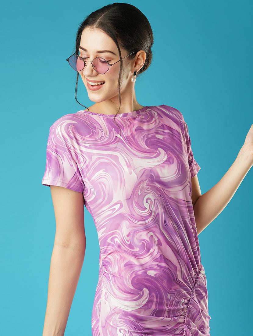 globus women lavender abstract printed round neck short sleeves ruched bodycon midi dress - 21378997 - Standard Image - 3