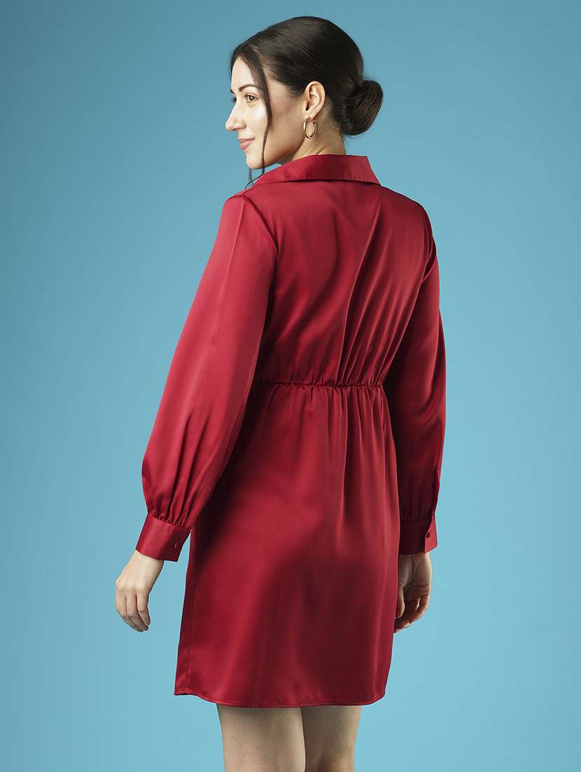 globus women maroon shirt collar with v cut cuffed sleeves gathered & button detail wrap party dress - 21379000 -  Standard Image - 3