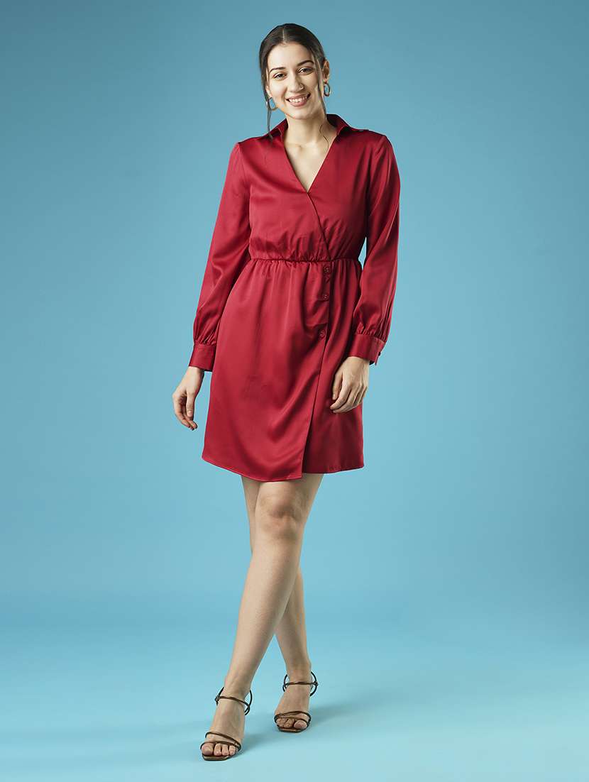 globus women maroon shirt collar with v cut cuffed sleeves gathered & button detail wrap party dress - 21379000 -  Standard Image - 5