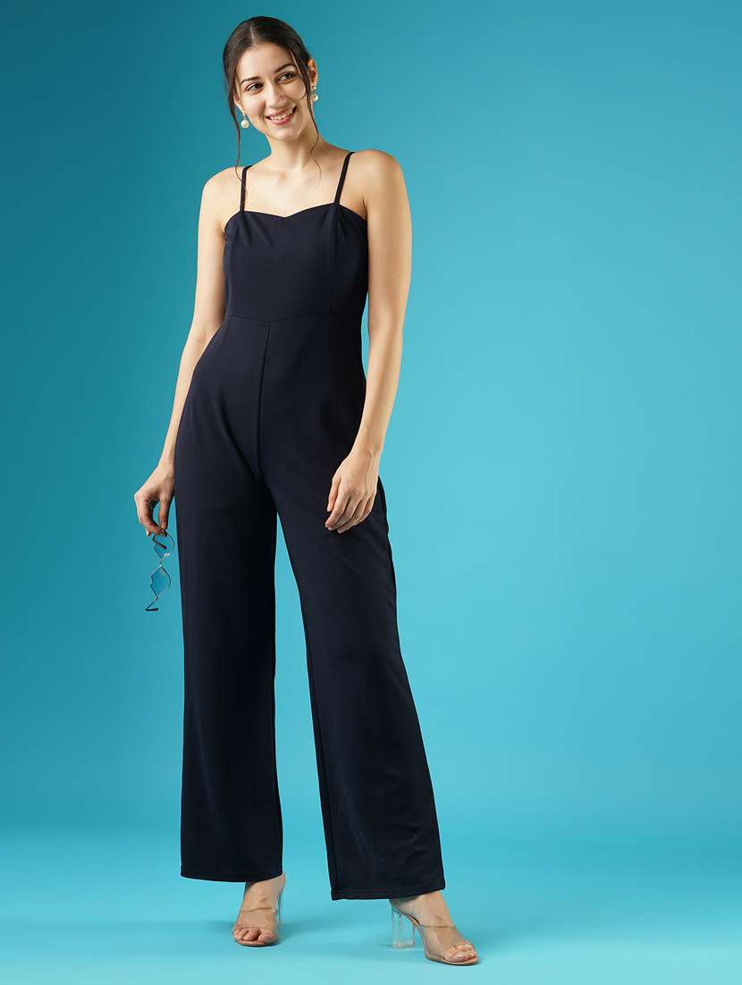 globus women navy blue sweetheart neck ajustable strappy shoulder jumpsuit