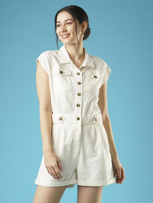 globus women white solid shirt collar stand extended sleeve playsuit - 21379003 - Standard Image - 0