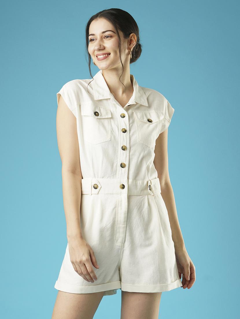 globus women white solid shirt collar stand extended sleeve playsuit - 21379003 - Zoom Image - 0