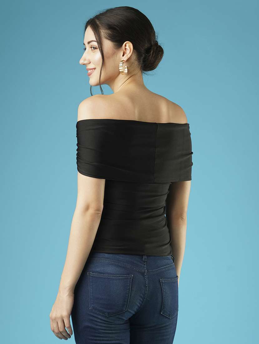 globus women solid black off-shoulder twisted neck drop shoulder party top - 21379004 -  Standard Image - 3