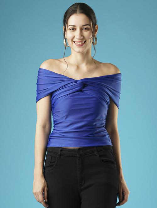 globus women solid blue off-shoulder twisted neck drop shoulder party top - 21379005 - Standard Image - 0