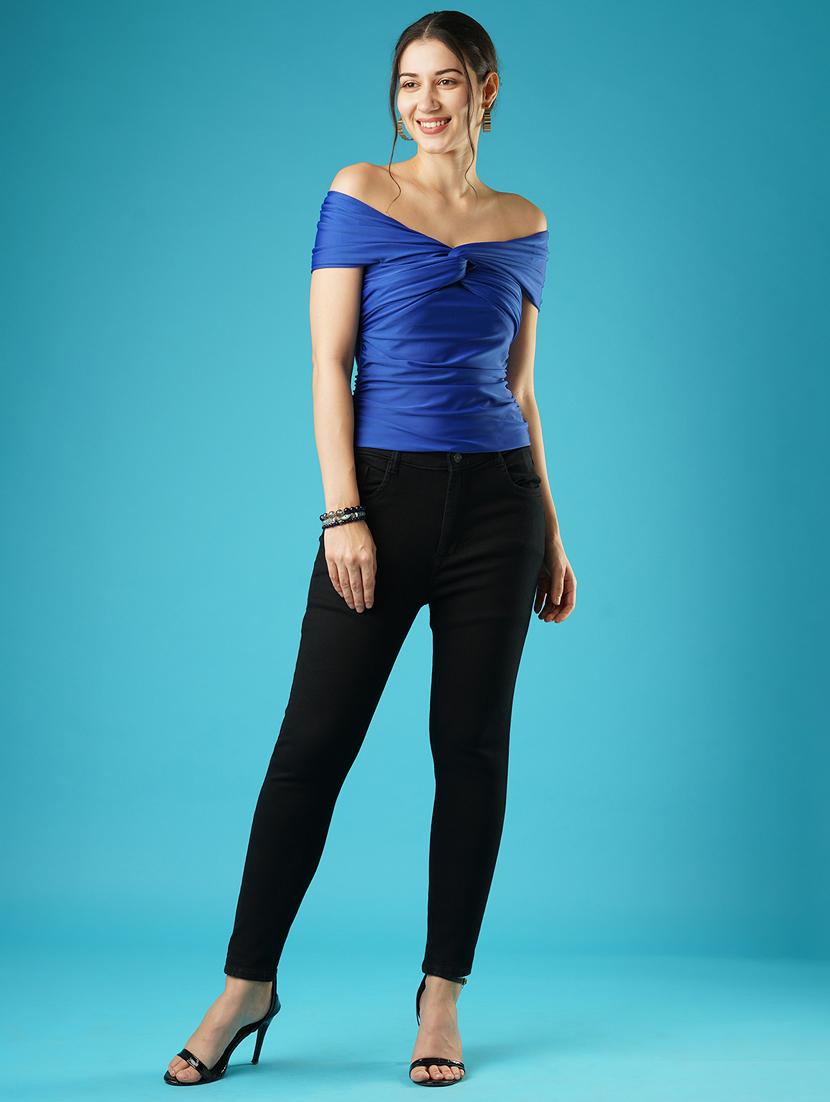 globus women solid blue off-shoulder twisted neck drop shoulder party top - 21379005 - Standard Image - 3