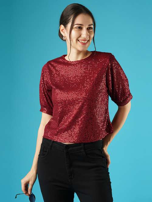 globus women maroon sequined striped puff slevee party top - 21379010 -  Standard Image - 0