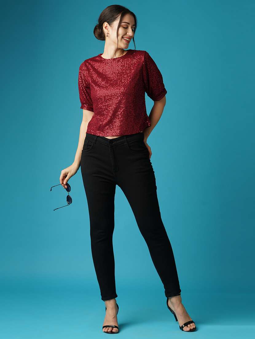 globus women maroon sequined striped puff slevee party top - 21379010 -  Standard Image - 3