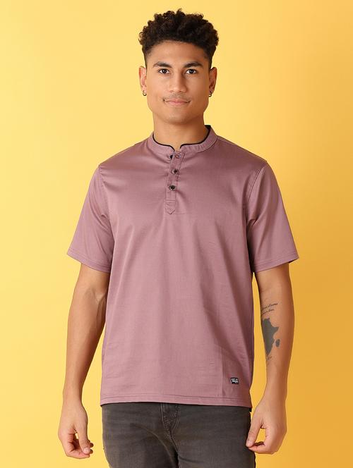 men mauve regular fit plain mandarin neck t-shirt - 21381899 - Standard Image - 0