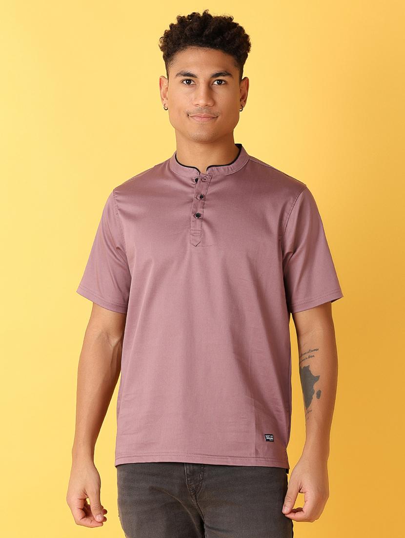 men mauve regular fit plain mandarin neck t-shirt - 21381899 - Zoom Image - 0