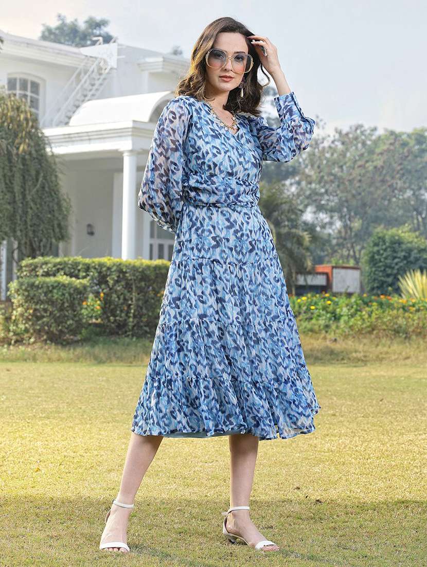 women blue polyester tiered dress