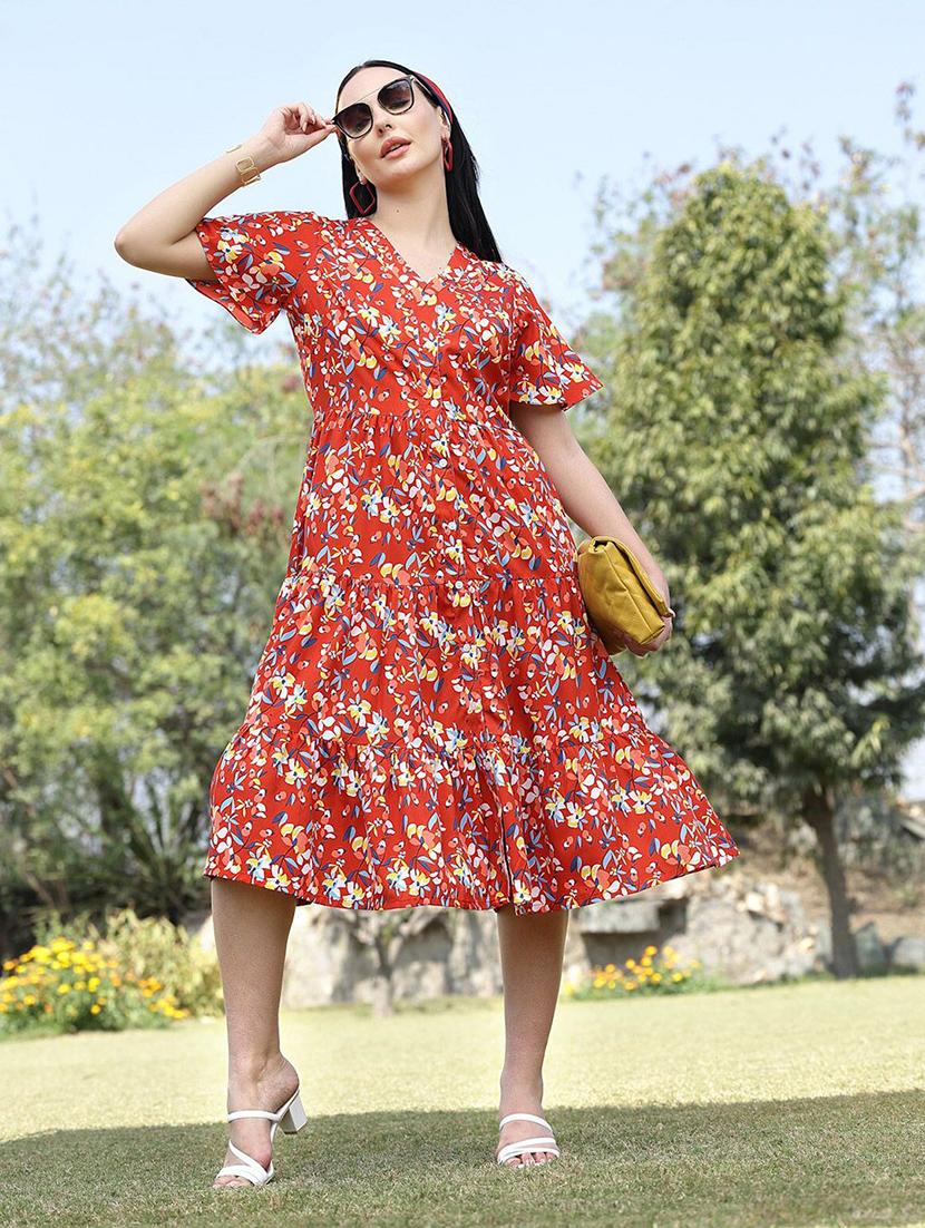 orange printed fit & flare dress - 21382460 - Zoom Image - 0