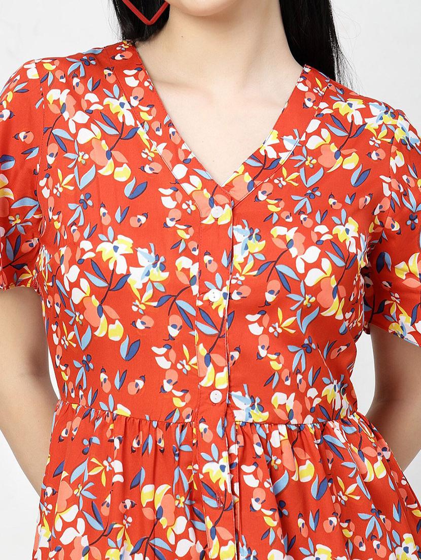 orange printed fit & flare dress - 21382460 - Standard Image - 5