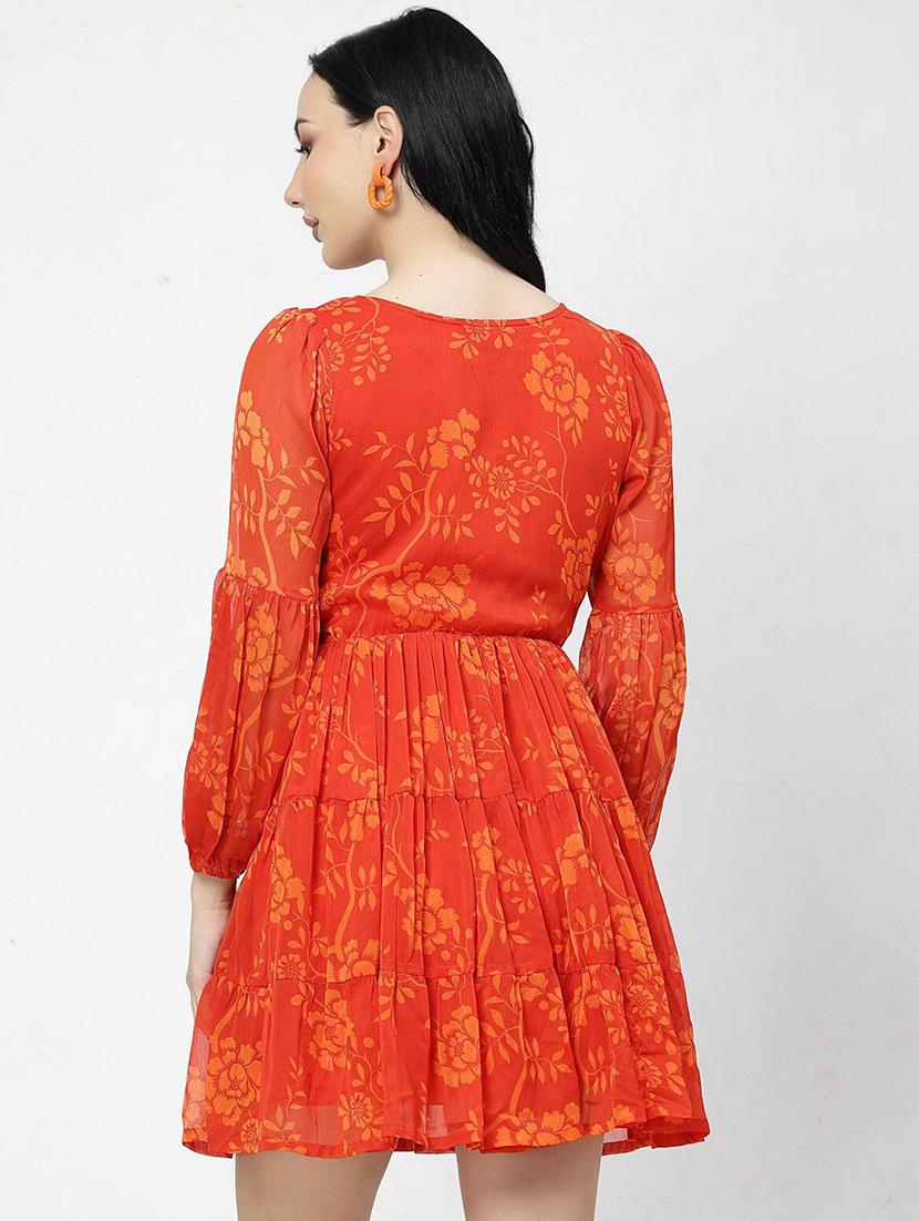 orange printed fit & flare dress - 21382466 - Standard Image - 3