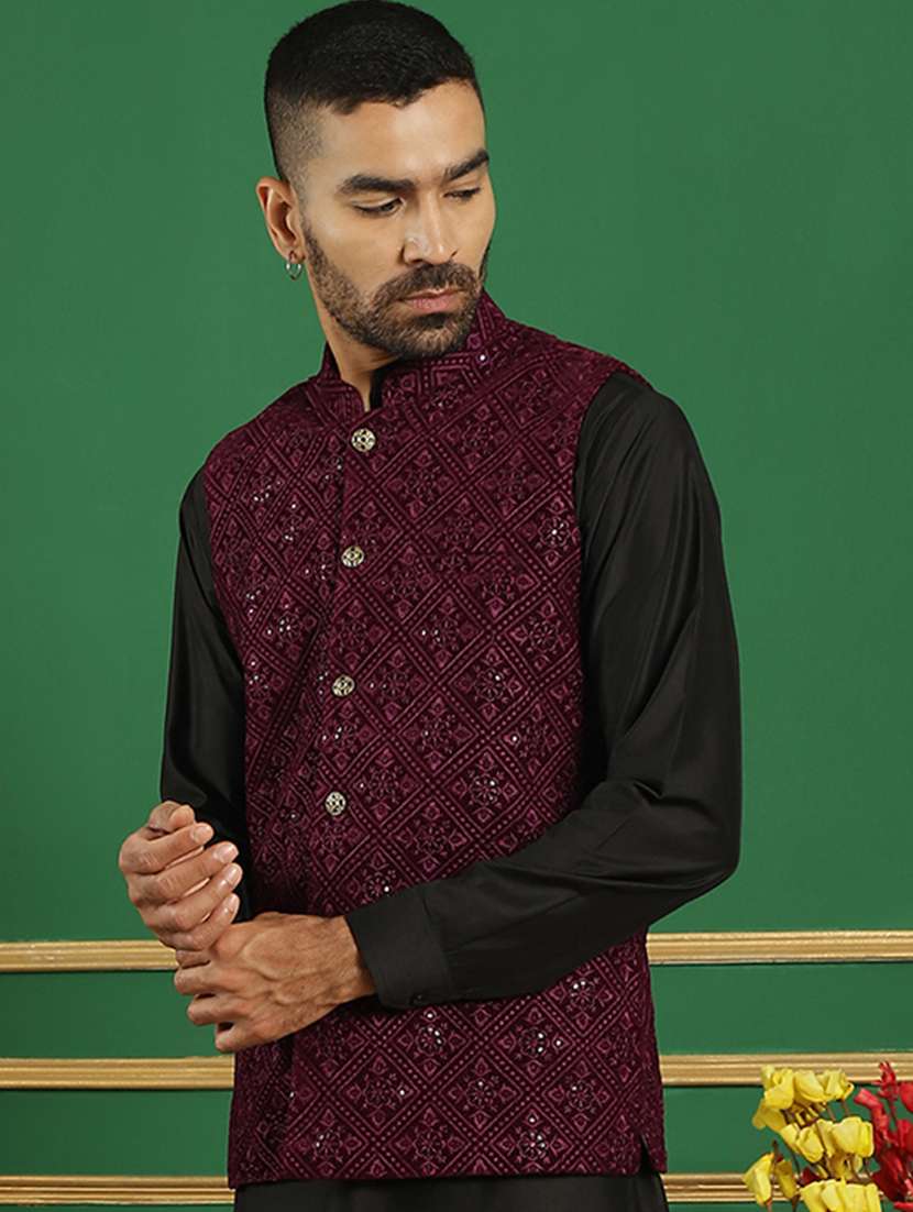men mandarin neck embroidered nehru jacket