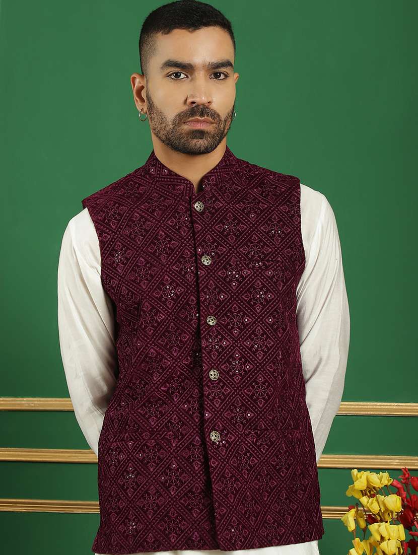 men mandarin neck embroidered nehru jacket